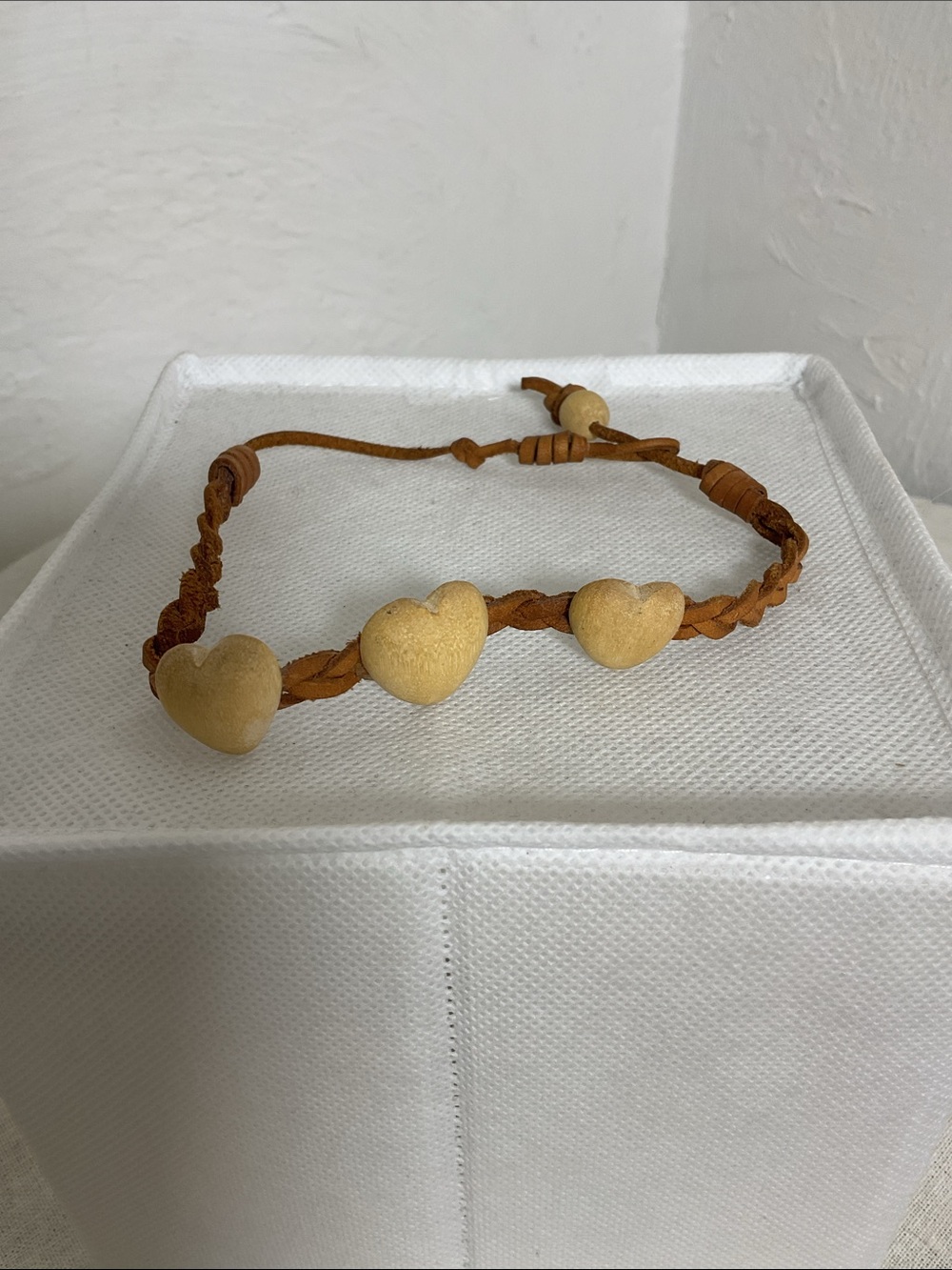Boho Braided Leather Choker w/Wood Hearts Brown